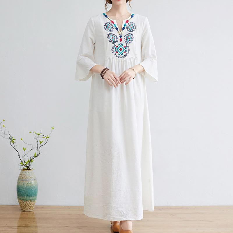 Buddha Stones Loose Plain Ethnic Embroidery Floral Pattern Three Quarter Sleeve Cotton Linen Maxi Dress