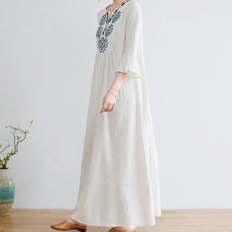 Buddha Stones Loose Plain Ethnic Embroidery Floral Pattern Three Quarter Sleeve Cotton Linen Maxi Dress