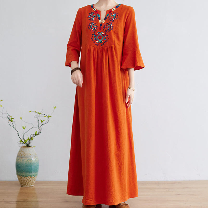 Buddha Stones Loose Plain Ethnic Embroidery Floral Pattern Three Quarter Sleeve Cotton Linen Maxi Dress