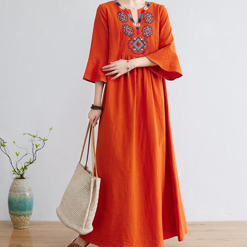 Buddha Stones Loose Plain Ethnic Embroidery Floral Pattern Three Quarter Sleeve Cotton Linen Maxi Dress