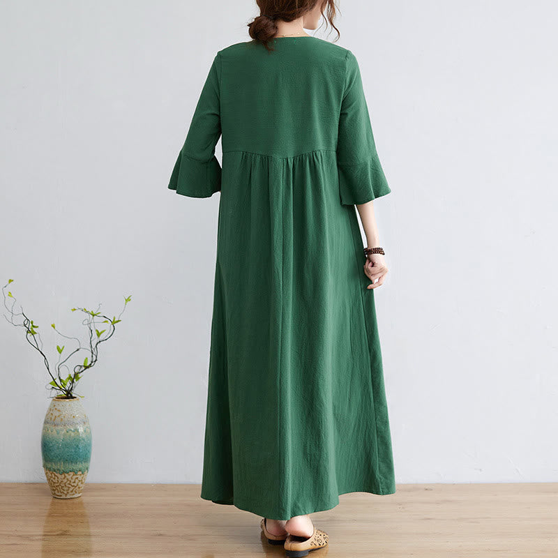 Buddha Stones Loose Plain Ethnic Embroidery Floral Pattern Three Quarter Sleeve Cotton Linen Maxi Dress