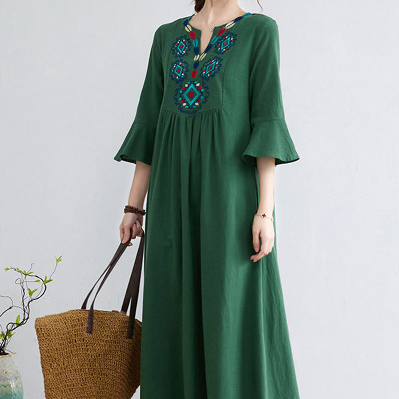 Buddha Stones Loose Plain Ethnic Embroidery Floral Pattern Three Quarter Sleeve Cotton Linen Maxi Dress