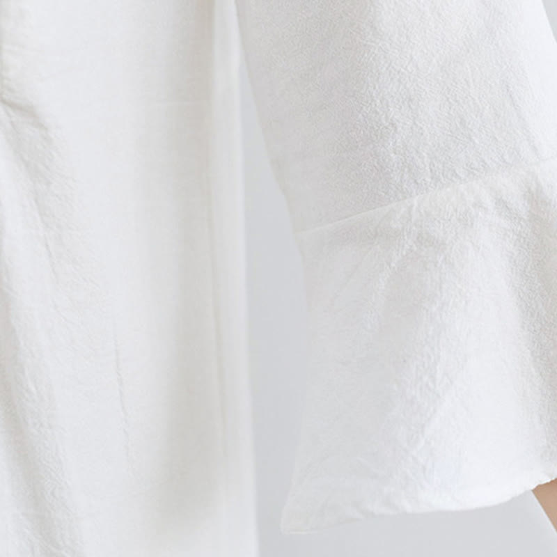 Buddha Stones Loose Plain Ethnic Embroidery Floral Pattern Three Quarter Sleeve Cotton Linen Maxi Dress