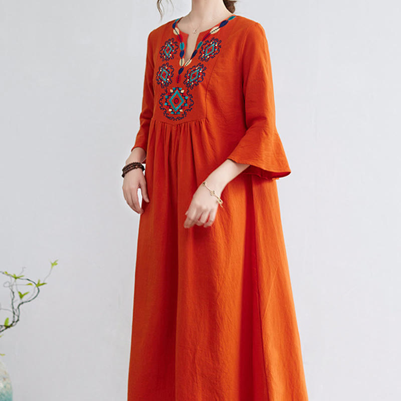 Buddha Stones Loose Plain Ethnic Embroidery Floral Pattern Three Quarter Sleeve Cotton Linen Maxi Dress