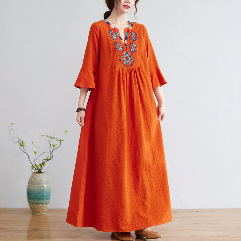 Buddha Stones Loose Plain Ethnic Embroidery Floral Pattern Three Quarter Sleeve Cotton Linen Maxi Dress