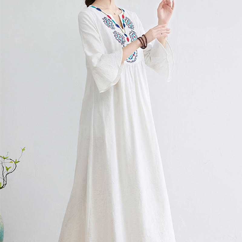 Buddha Stones Loose Plain Ethnic Embroidery Floral Pattern Three Quarter Sleeve Cotton Linen Maxi Dress