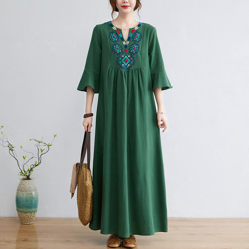 Buddha Stones Loose Plain Ethnic Embroidery Floral Pattern Three Quarter Sleeve Cotton Linen Maxi Dress
