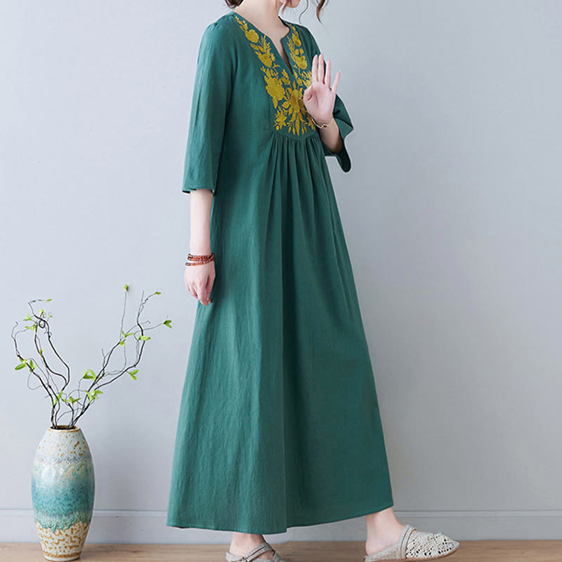 Buddha Stones Casual Bohemia Embroidery Floral Simple Design Three Quarter Sleeve V-Neck Cotton Linen Maxi Dress