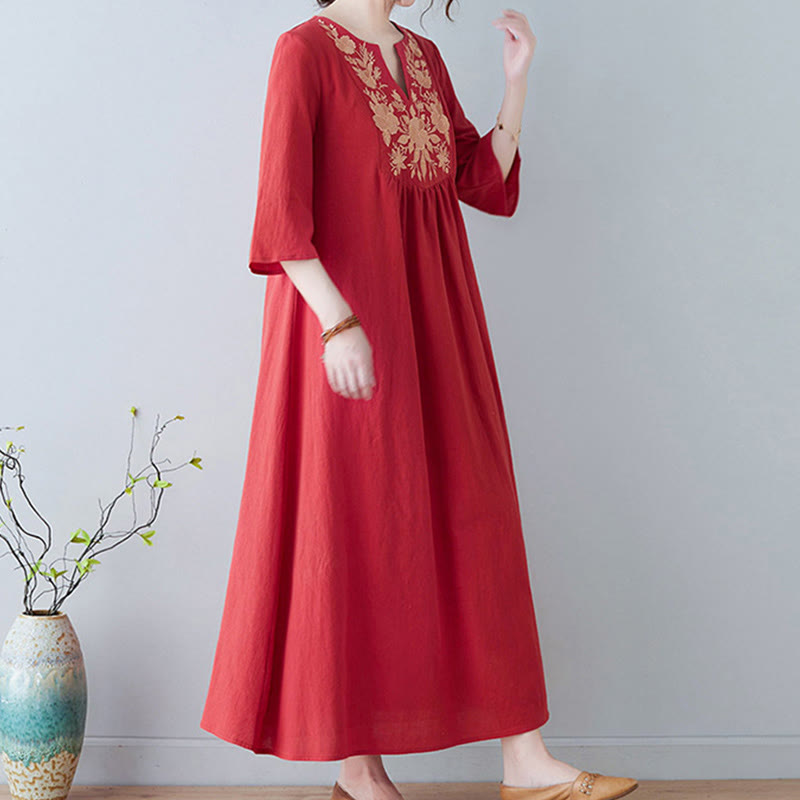 Buddha Stones Casual Bohemia Embroidery Floral Simple Design Three Quarter Sleeve V-Neck Cotton Linen Maxi Dress