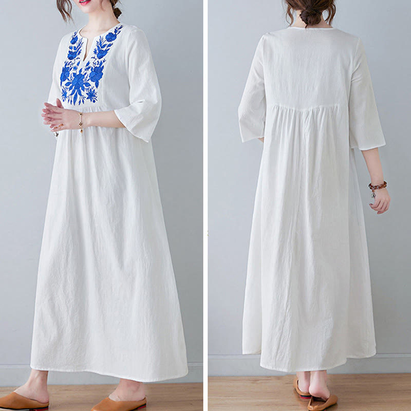 Buddha Stones Casual Bohemia Embroidery Floral Simple Design Three Quarter Sleeve V-Neck Cotton Linen Maxi Dress
