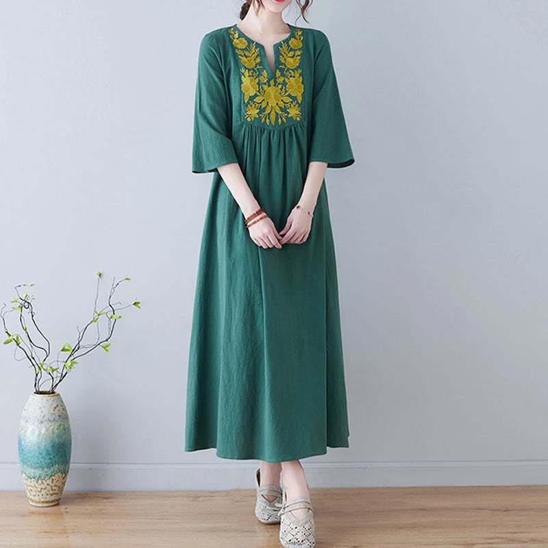 Buddha Stones Casual Bohemia Embroidery Floral Simple Design Three Quarter Sleeve V-Neck Cotton Linen Maxi Dress
