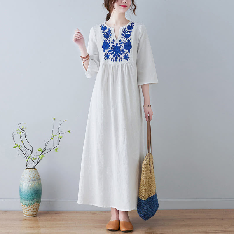 Buddha Stones Casual Bohemia Embroidery Floral Simple Design Three Quarter Sleeve V-Neck Cotton Linen Maxi Dress