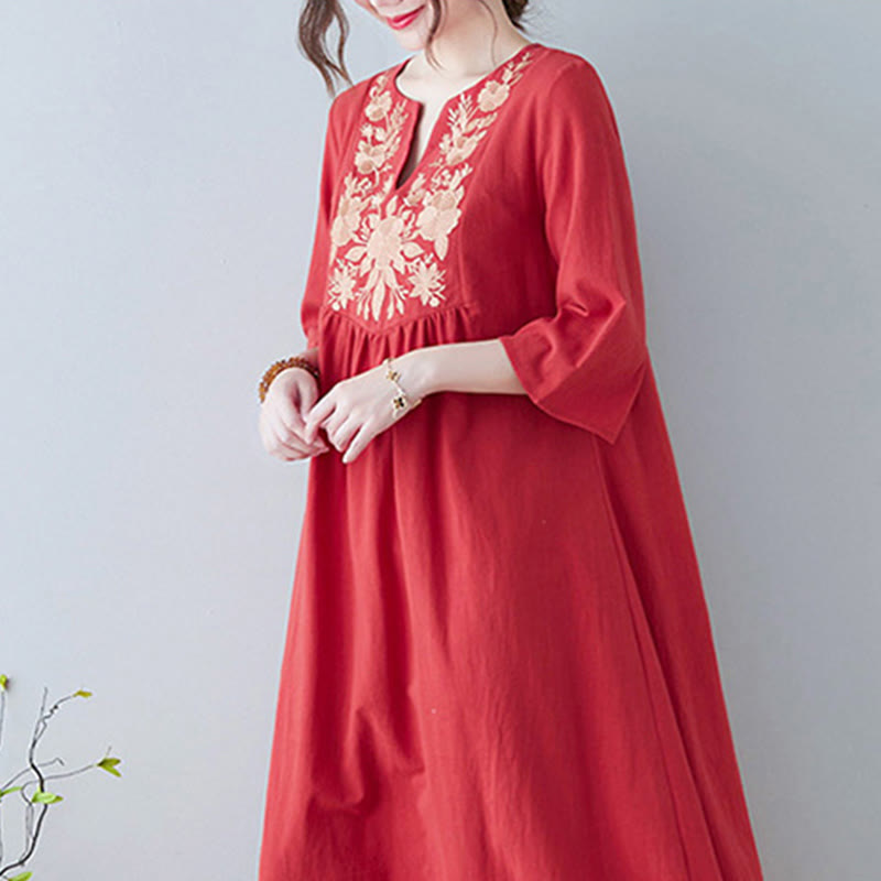 Buddha Stones Casual Bohemia Embroidery Floral Simple Design Three Quarter Sleeve V-Neck Cotton Linen Maxi Dress