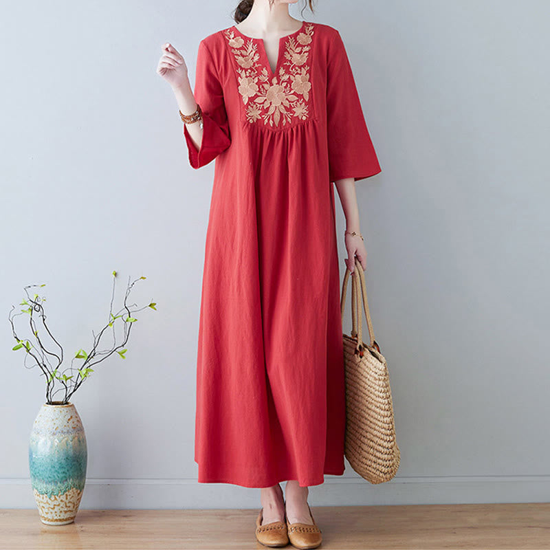 Buddha Stones Casual Bohemia Embroidery Floral Simple Design Three Quarter Sleeve V-Neck Cotton Linen Maxi Dress