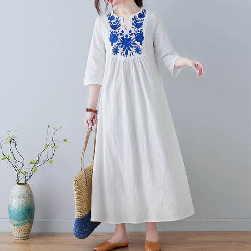 Buddha Stones Casual Bohemia Embroidery Floral Simple Design Three Quarter Sleeve V-Neck Cotton Linen Maxi Dress