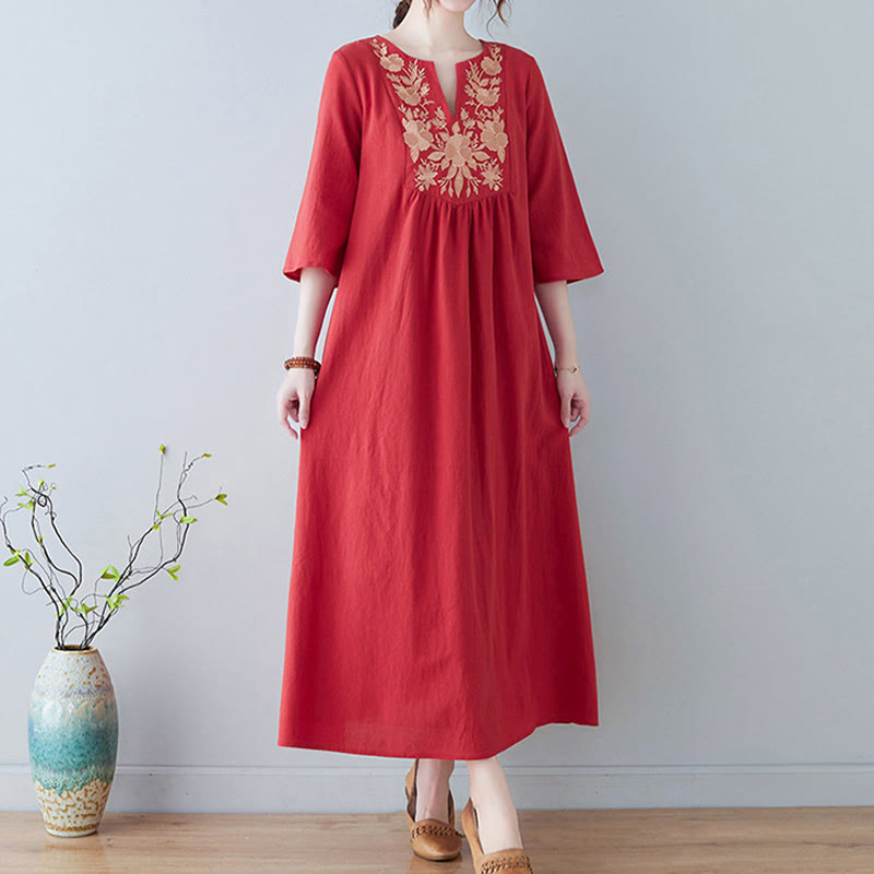 Buddha Stones Casual Bohemia Embroidery Floral Simple Design Three Quarter Sleeve V-Neck Cotton Linen Maxi Dress