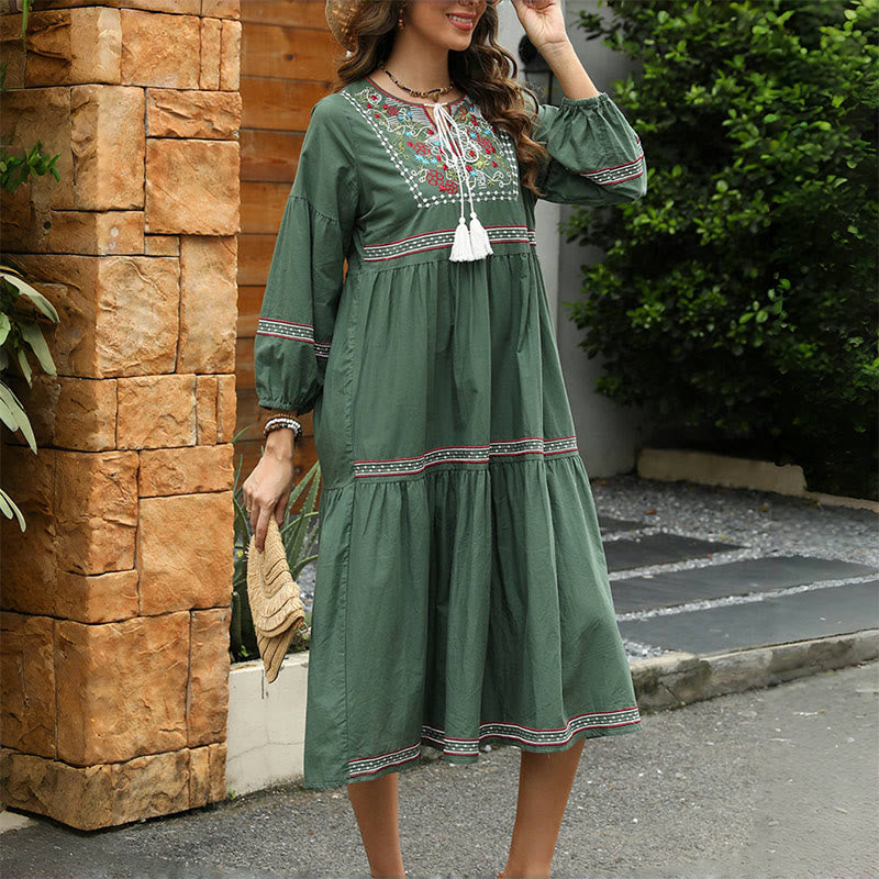 Buddha Stones DarkGreen Retro Ethnic Embroidery Long Lantern Sleeve Linen Cotton Midi Dress