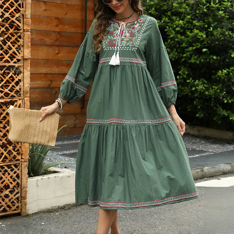 Buddha Stones DarkGreen Retro Ethnic Embroidery Long Lantern Sleeve Linen Cotton Midi Dress
