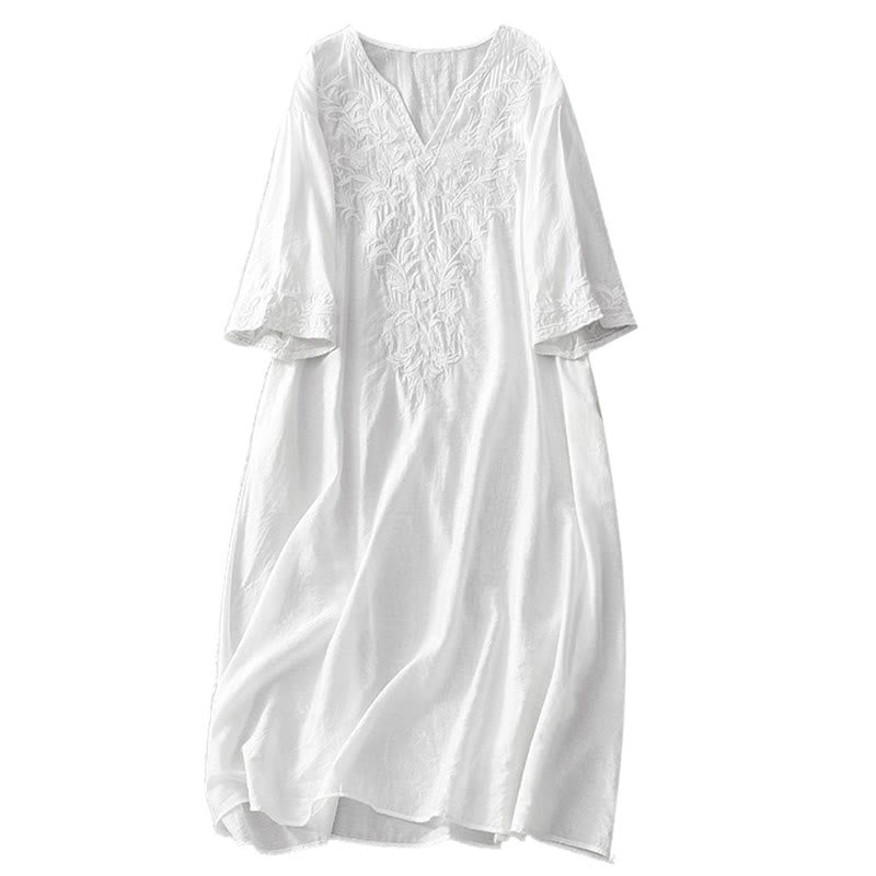 Buddha Stones Summer White Pure Color Embroidery Leaf Flower V-Neck Short Sleeve Midi Dress With Pockets