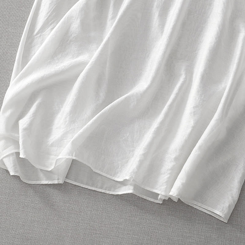 Buddha Stones Summer White Pure Color Embroidery Leaf Flower V-Neck Short Sleeve Midi Dress With Pockets
