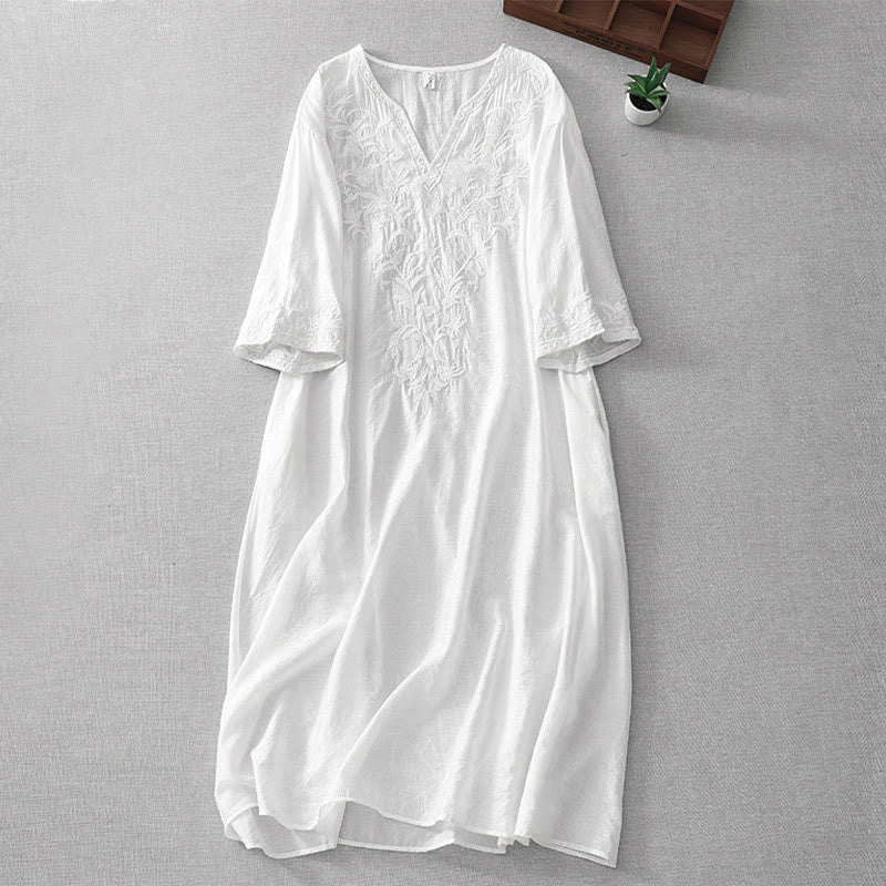 Buddha Stones Summer White Pure Color Embroidery Leaf Flower V-Neck Short Sleeve Midi Dress With Pockets
