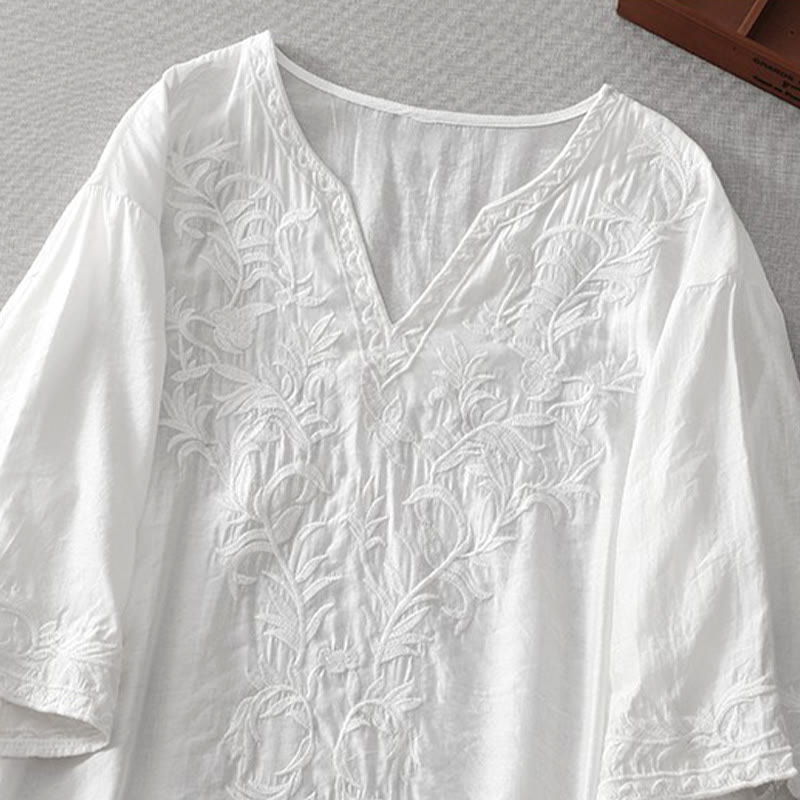 Buddha Stones Summer White Pure Color Embroidery Leaf Flower V-Neck Short Sleeve Midi Dress With Pockets