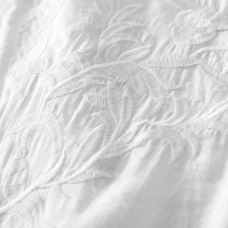 Buddha Stones Summer White Pure Color Embroidery Leaf Flower V-Neck Short Sleeve Midi Dress With Pockets
