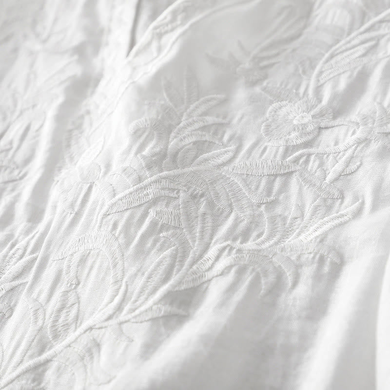 Buddha Stones Summer White Pure Color Embroidery Leaf Flower V-Neck Short Sleeve Midi Dress With Pockets