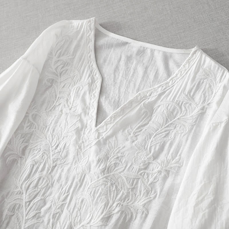 Buddha Stones Summer White Pure Color Embroidery Leaf Flower V-Neck Short Sleeve Midi Dress With Pockets