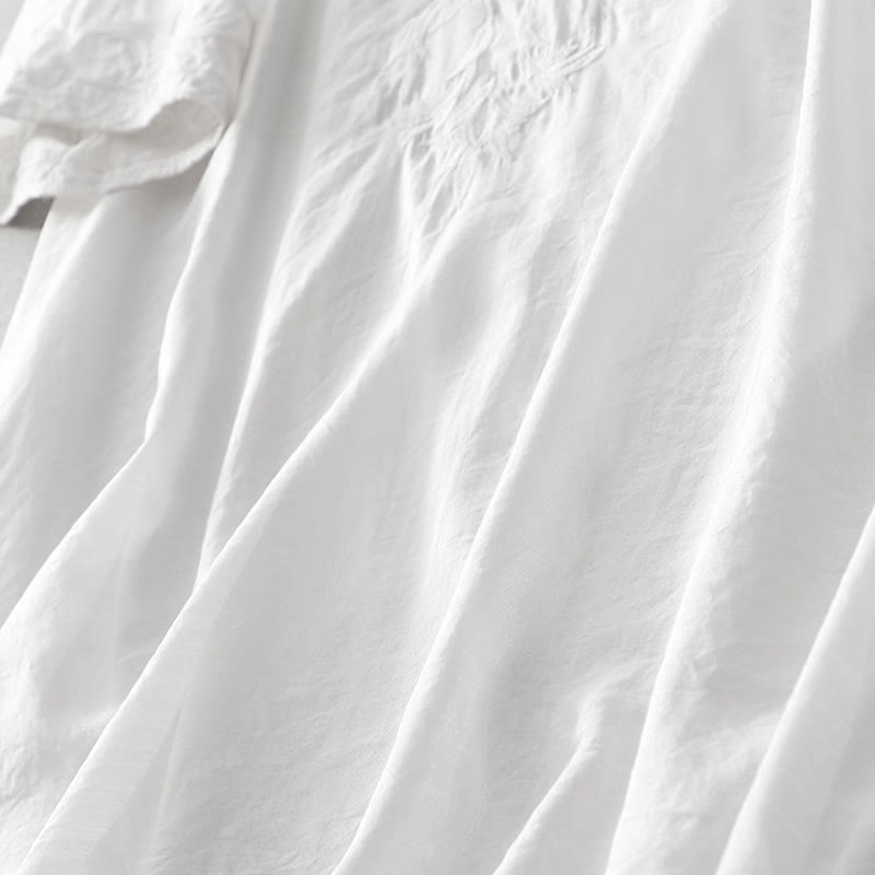 Buddha Stones Summer White Pure Color Embroidery Leaf Flower V-Neck Short Sleeve Midi Dress With Pockets