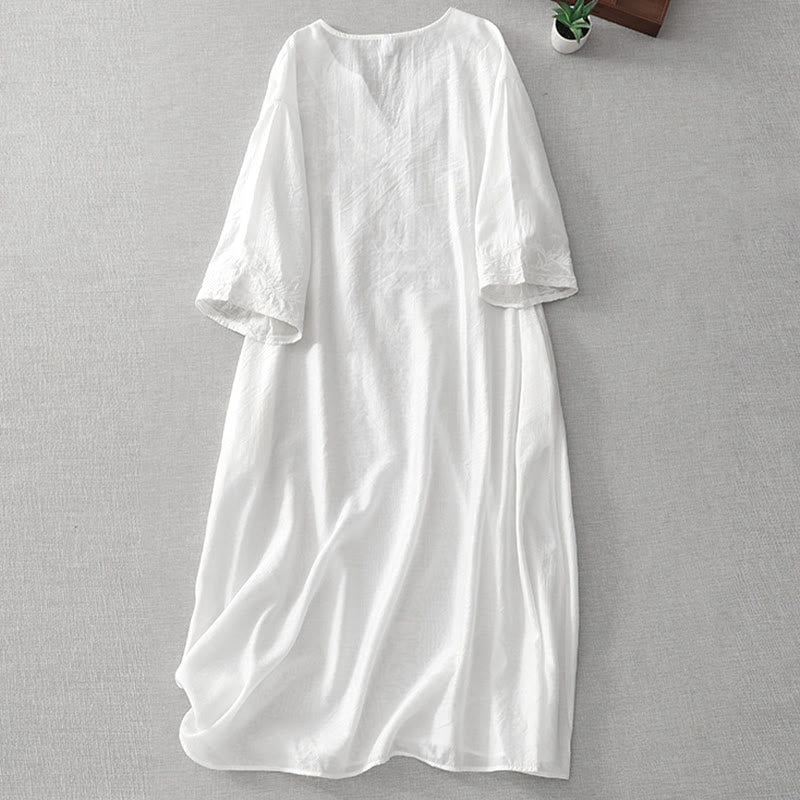 Buddha Stones Summer White Pure Color Embroidery Leaf Flower V-Neck Short Sleeve Midi Dress With Pockets