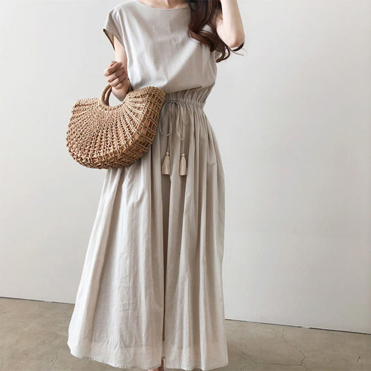 Buddha Stones Casual Eastic Waist Drawstring Design Short Sleeve Cotton Linen Midi Dress