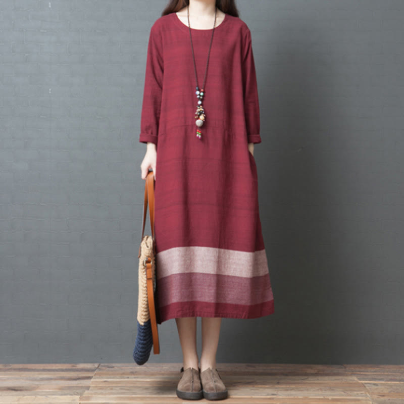 Buddha Stones Casual Stripes Long Sleeve Cotton Linen Midi Dress With pockets