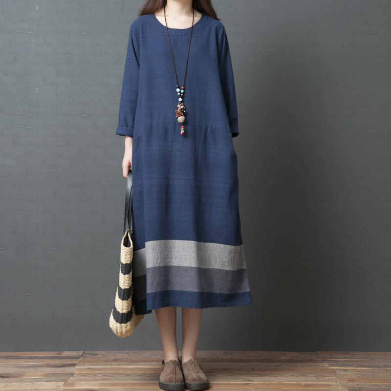 Buddha Stones Casual Stripes Long Sleeve Cotton Linen Midi Dress With pockets