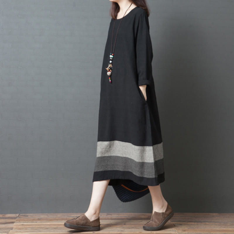 Buddha Stones Casual Stripes Long Sleeve Cotton Linen Midi Dress With pockets