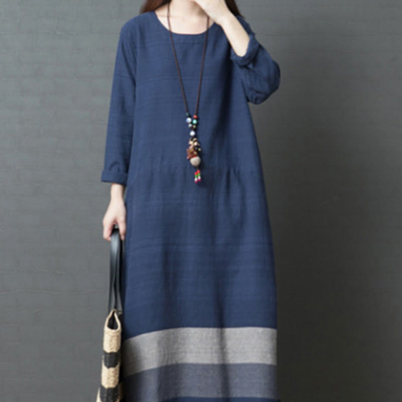 Buddha Stones Casual Stripes Long Sleeve Cotton Linen Midi Dress With pockets
