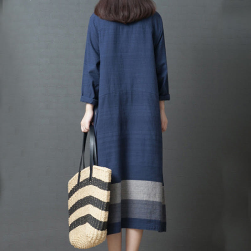 Buddha Stones Casual Stripes Long Sleeve Cotton Linen Midi Dress With pockets
