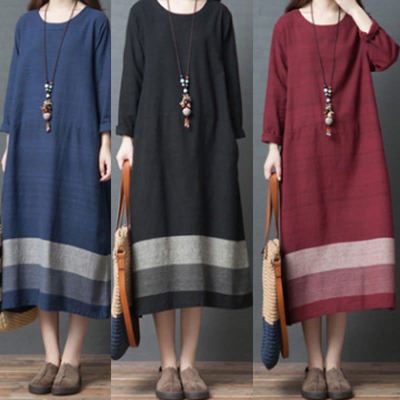 Buddha Stones Casual Stripes Long Sleeve Cotton Linen Midi Dress With pockets