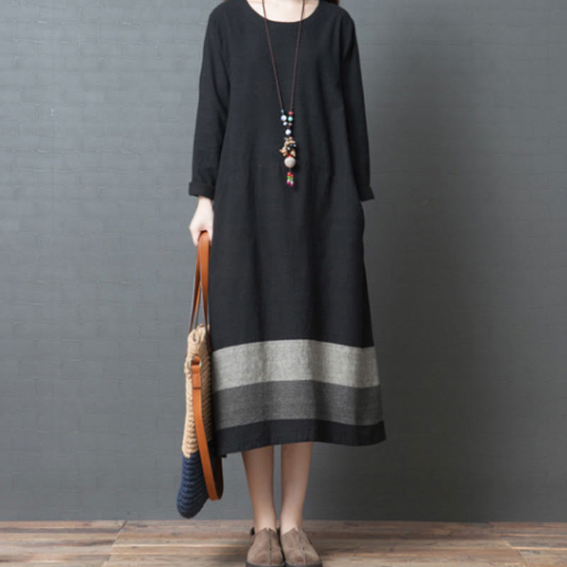 Buddha Stones Casual Stripes Long Sleeve Cotton Linen Midi Dress With pockets