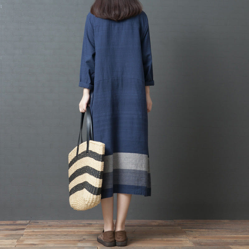 Buddha Stones Casual Stripes Long Sleeve Cotton Linen Midi Dress With pockets
