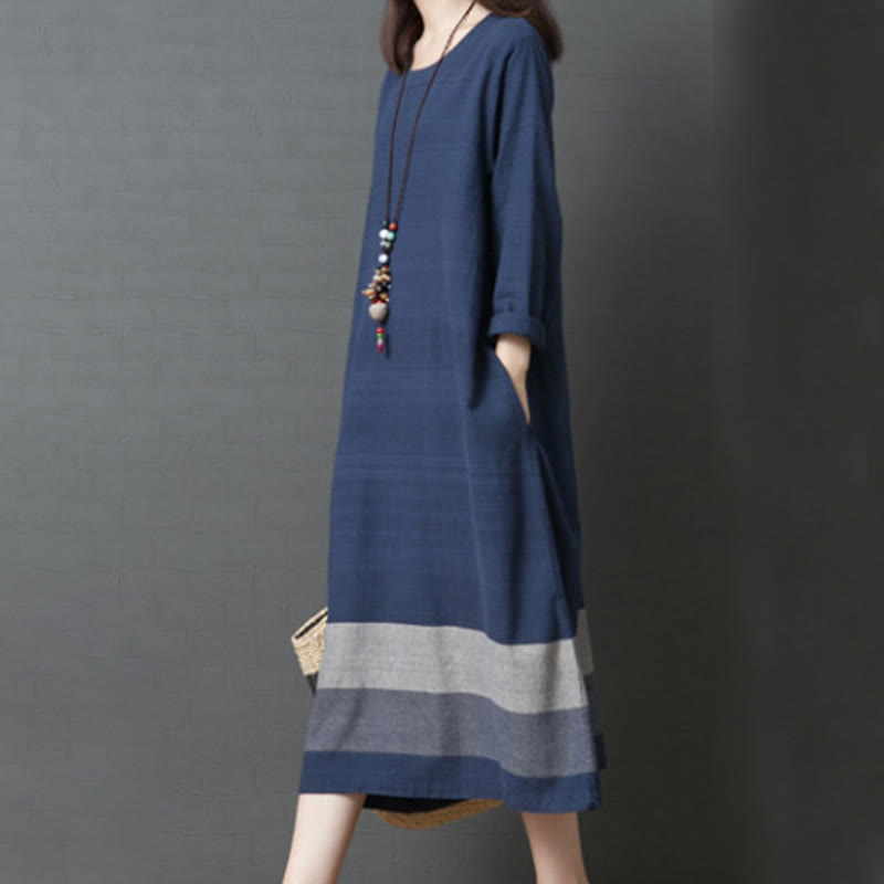 Buddha Stones Casual Stripes Long Sleeve Cotton Linen Midi Dress With pockets