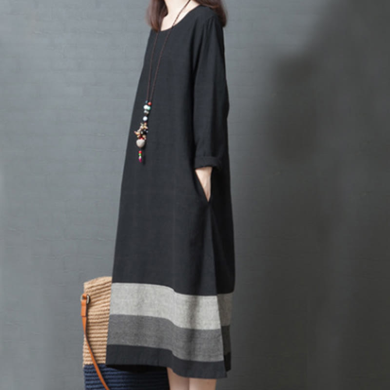 Buddha Stones Casual Stripes Long Sleeve Cotton Linen Midi Dress With pockets