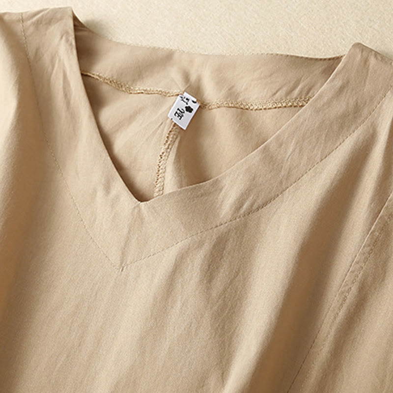 Buddha Stones Casual Pure Color Design Short Sleeve V-Neck Cotton Midi Dress With Pockets