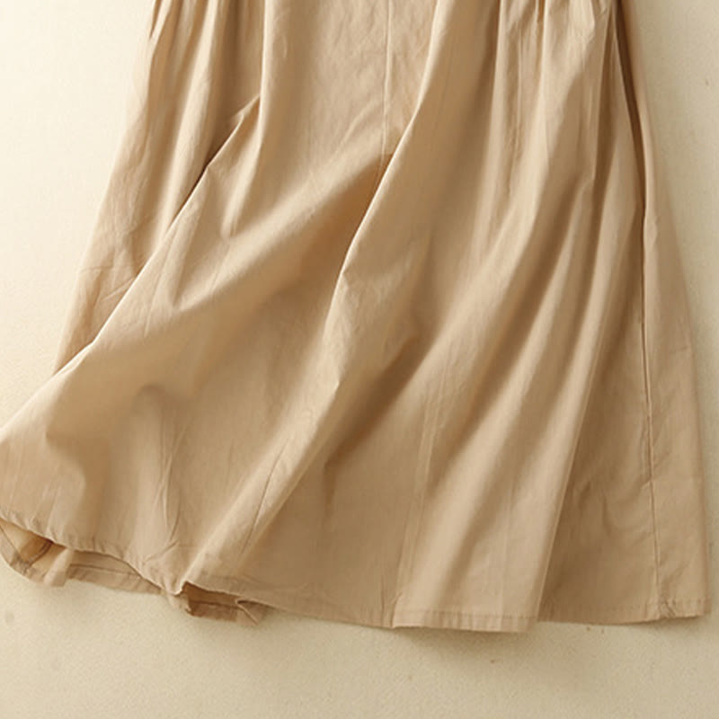 Buddha Stones Casual Pure Color Design Short Sleeve V-Neck Cotton Midi Dress With Pockets