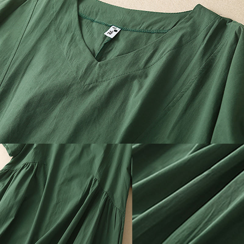 Buddha Stones Casual Pure Color Design Short Sleeve V-Neck Cotton Midi Dress With Pockets