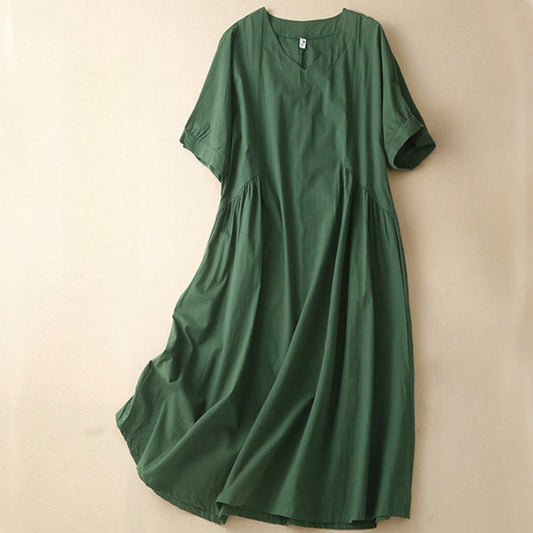 Buddha Stones Casual Pure Color Design Short Sleeve V-Neck Cotton Midi Dress With Pockets
