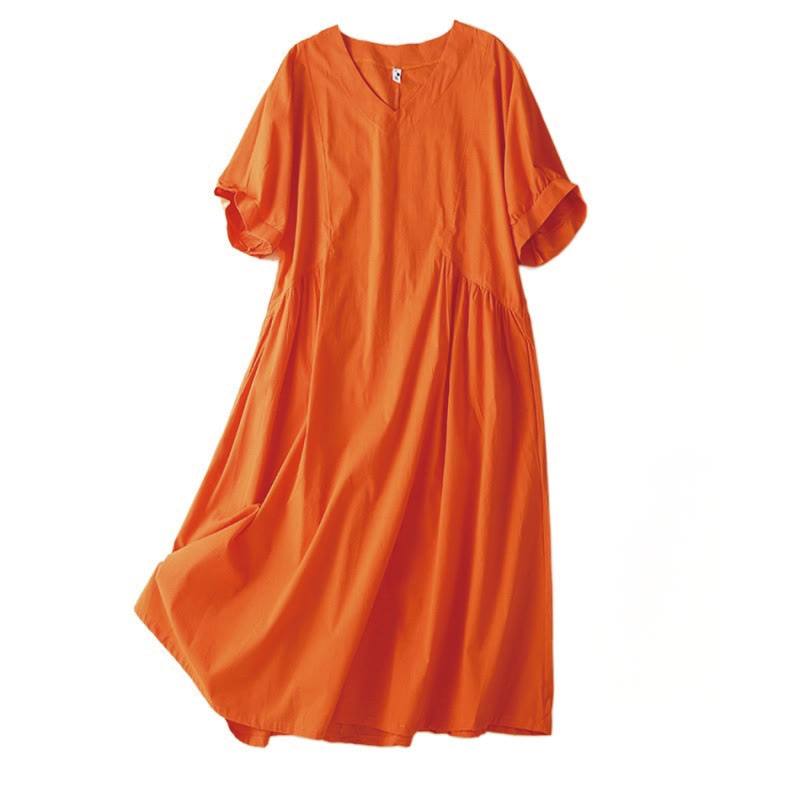 Buddha Stones Casual Pure Color Design Short Sleeve V-Neck Cotton Midi Dress With Pockets