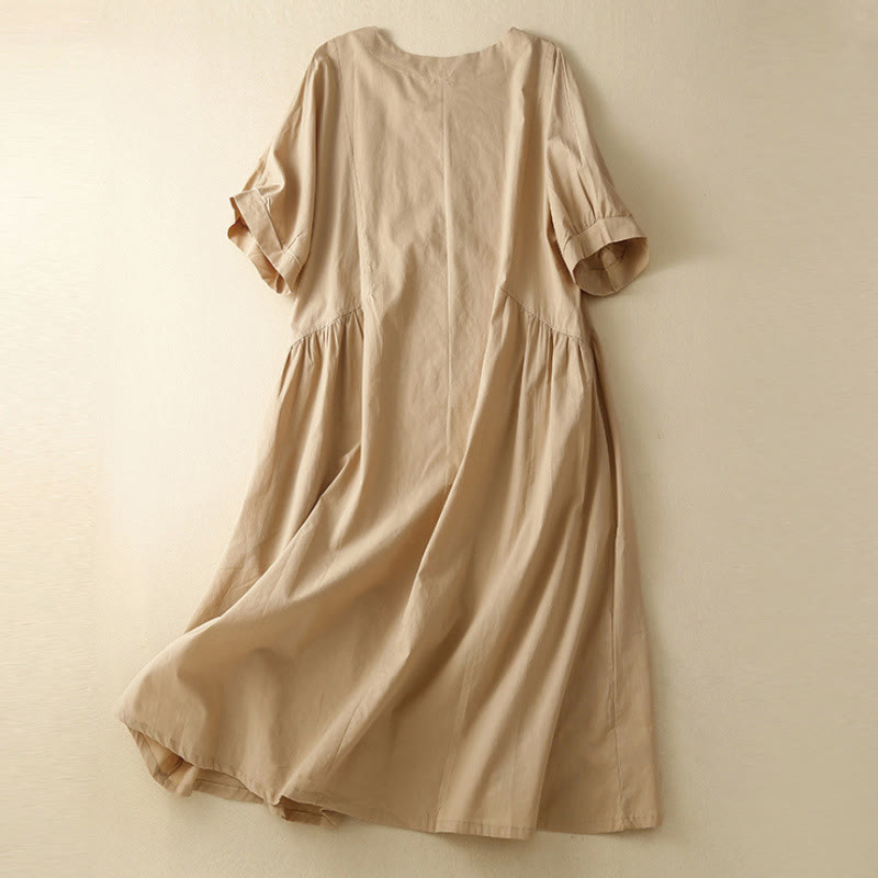 Buddha Stones Casual Pure Color Design Short Sleeve V-Neck Cotton Midi Dress With Pockets