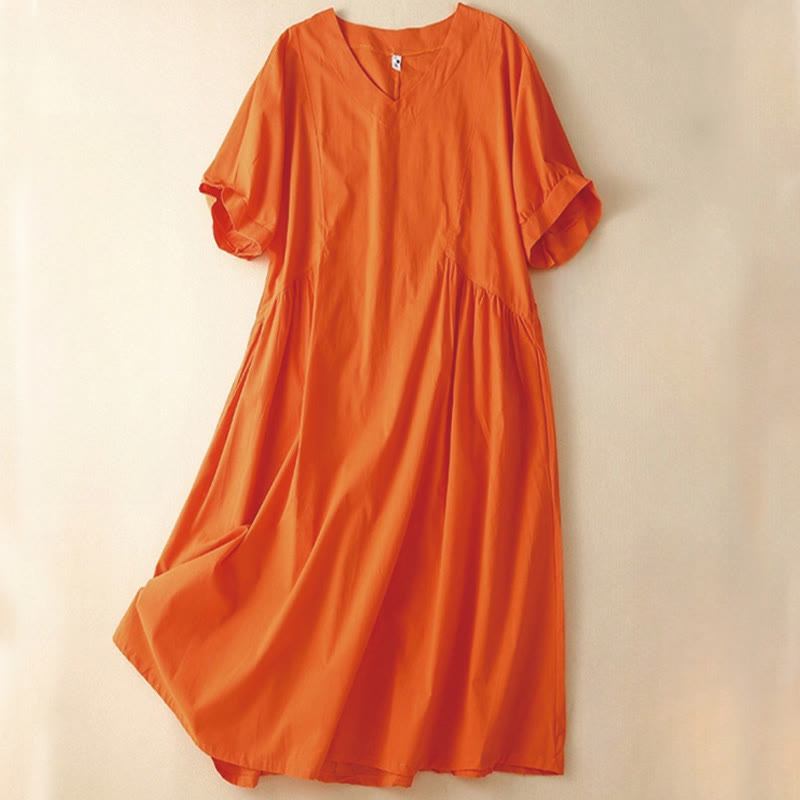 Buddha Stones Casual Pure Color Design Short Sleeve V-Neck Cotton Midi Dress With Pockets