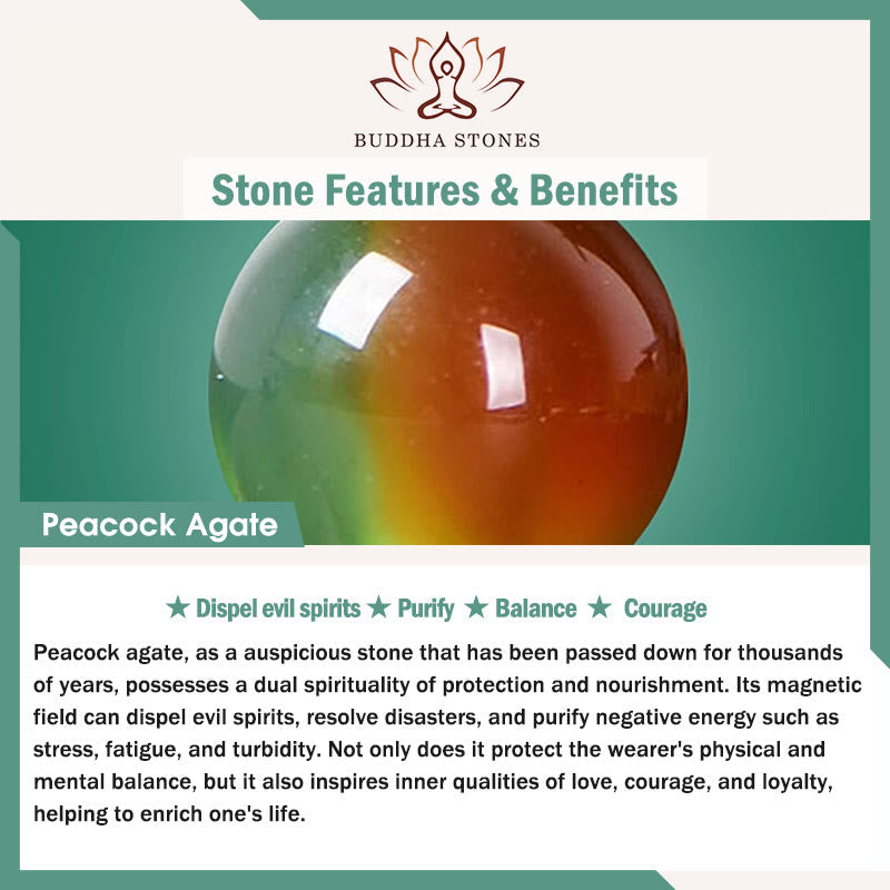 Buddha Stones "May Balance and Safety Be With You"Peacock Agate Bracelet Includes Gift Message Card